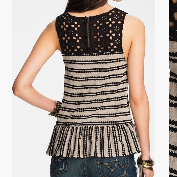 FREE PEOPLE 'Molly's Retro' Peplum Top Black Beige Women’s Size Medium - Picture 2 of 9